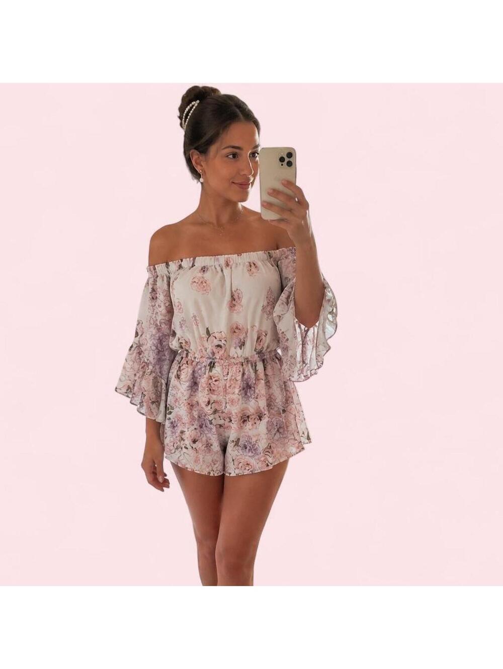 Boho 70’s inspired fairy Blush Floral Off-Shoulder Bell Sleeve Romper Size Small